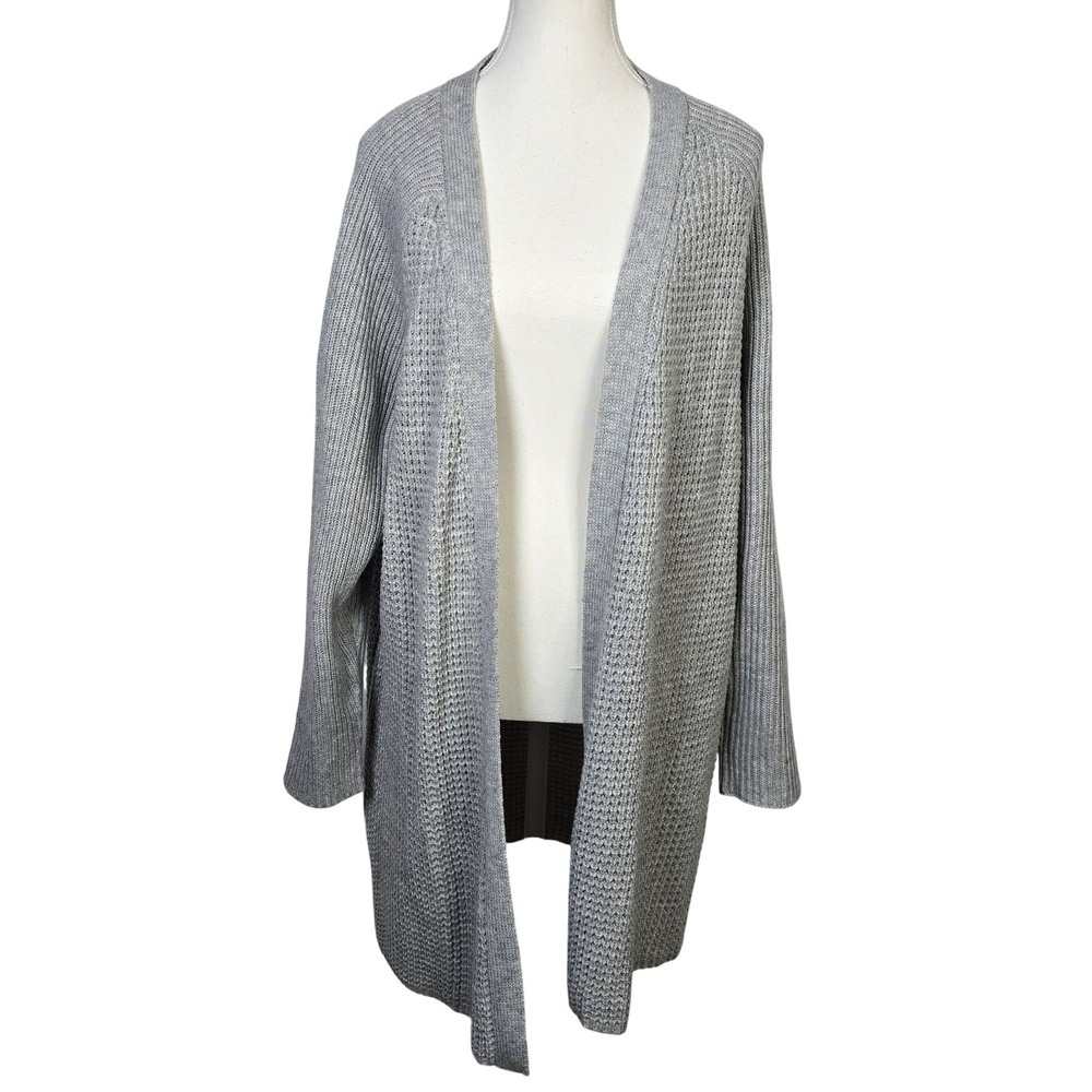 Ellos Women Gray Waffle Knit Open Front Long Sleeve‎ Cardigan Sweater M 14 16